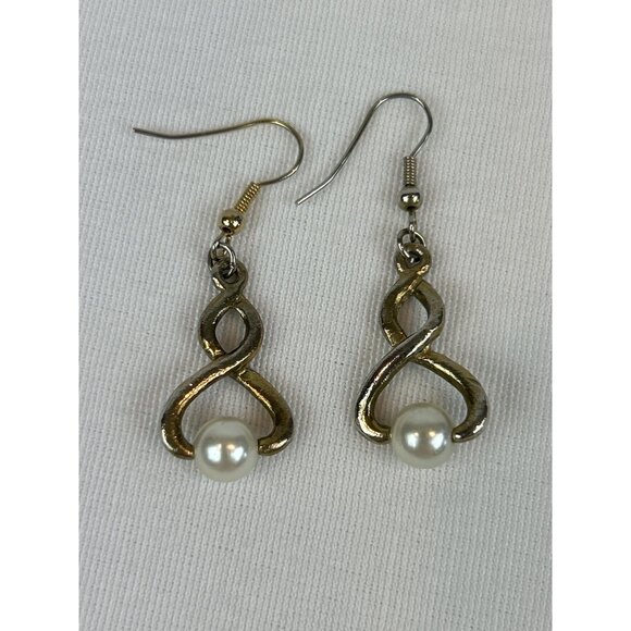 Vintage Swirl Twist Faux Pearl Drop Earrings Hook Gold Tone - Picture 4 of 8